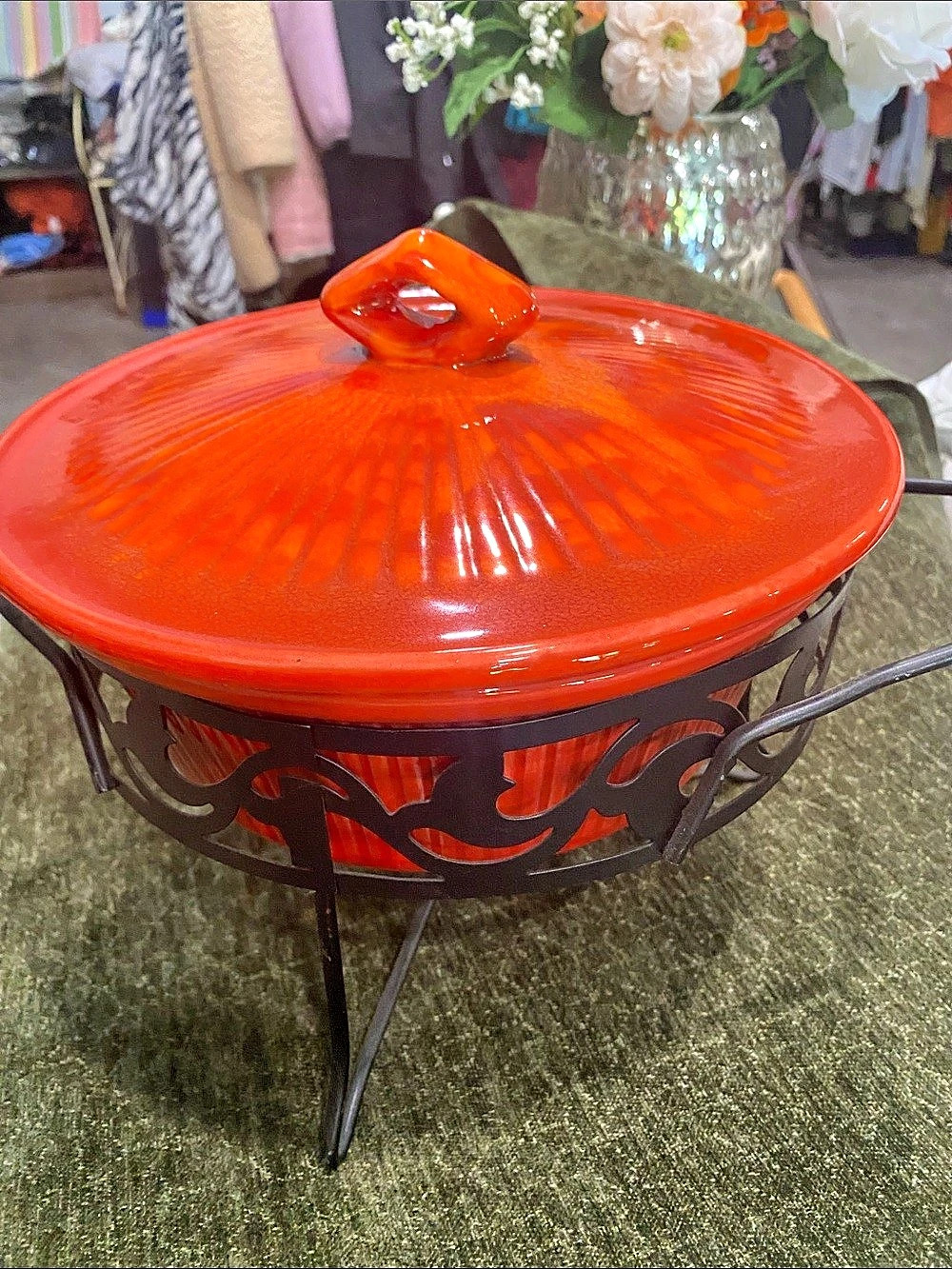 Red & Orange Covered Serving Dish with Metal Stand